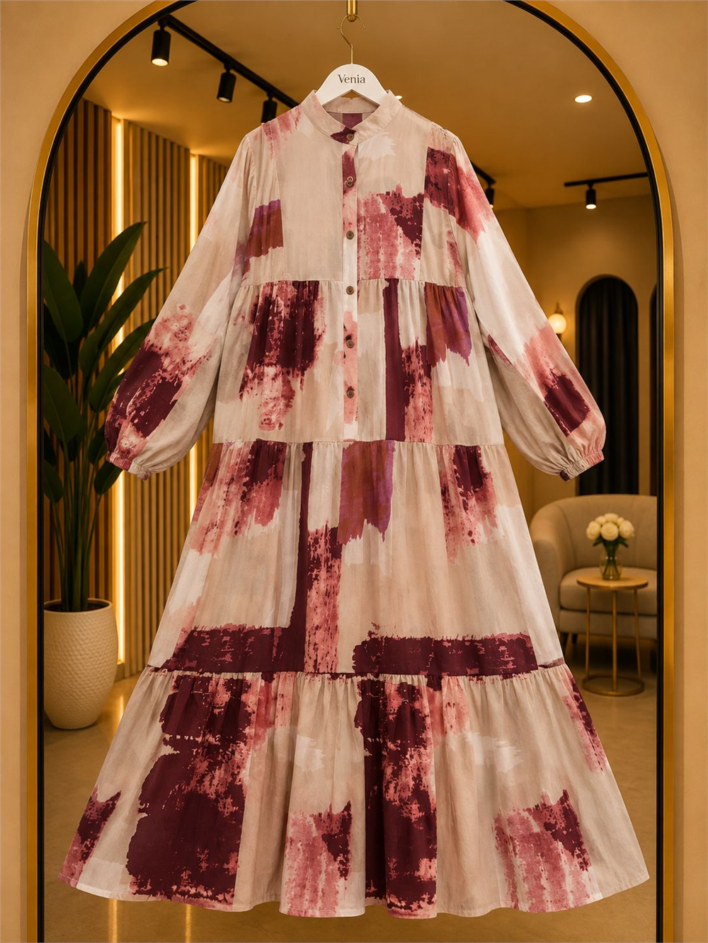 Modal Kumaş Batik Desenli Düğmeli Elbise - Bordo 2014 - 1