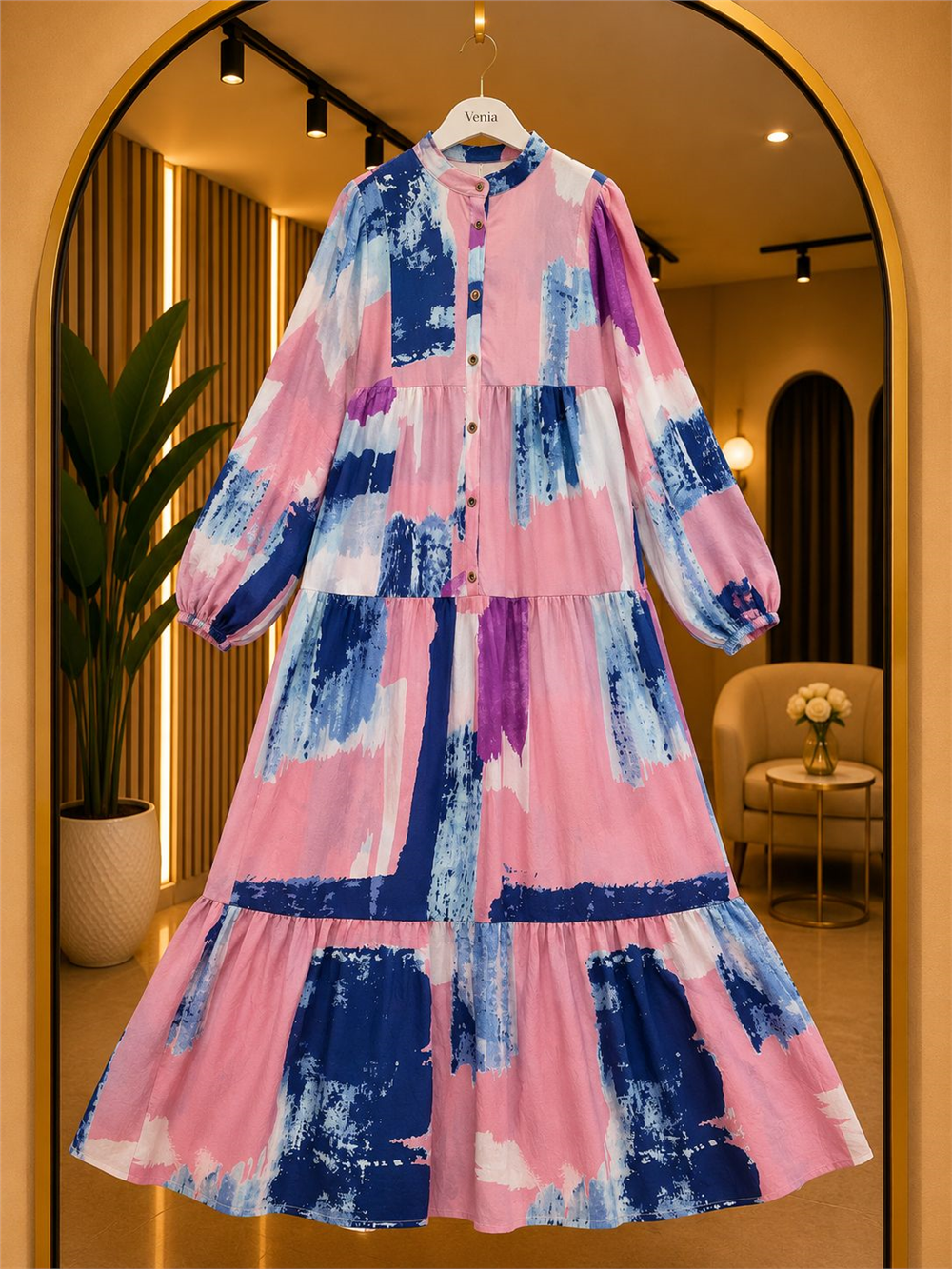 Modal Kumaş Batik Desenli Düğmeli Elbise - Pembe 2014 - 1