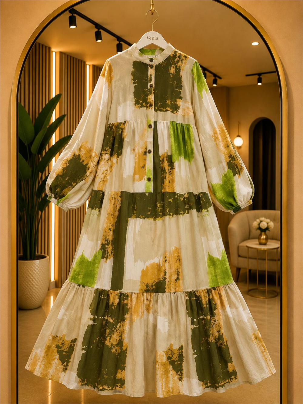 Modal Kumaş Batik Desenli Düğmeli Elbise - Yeşil 2014 - 1