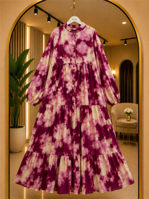 Modal Kumaş Batik Desenli Fırfırlı Elbise - Mürdüm 2001