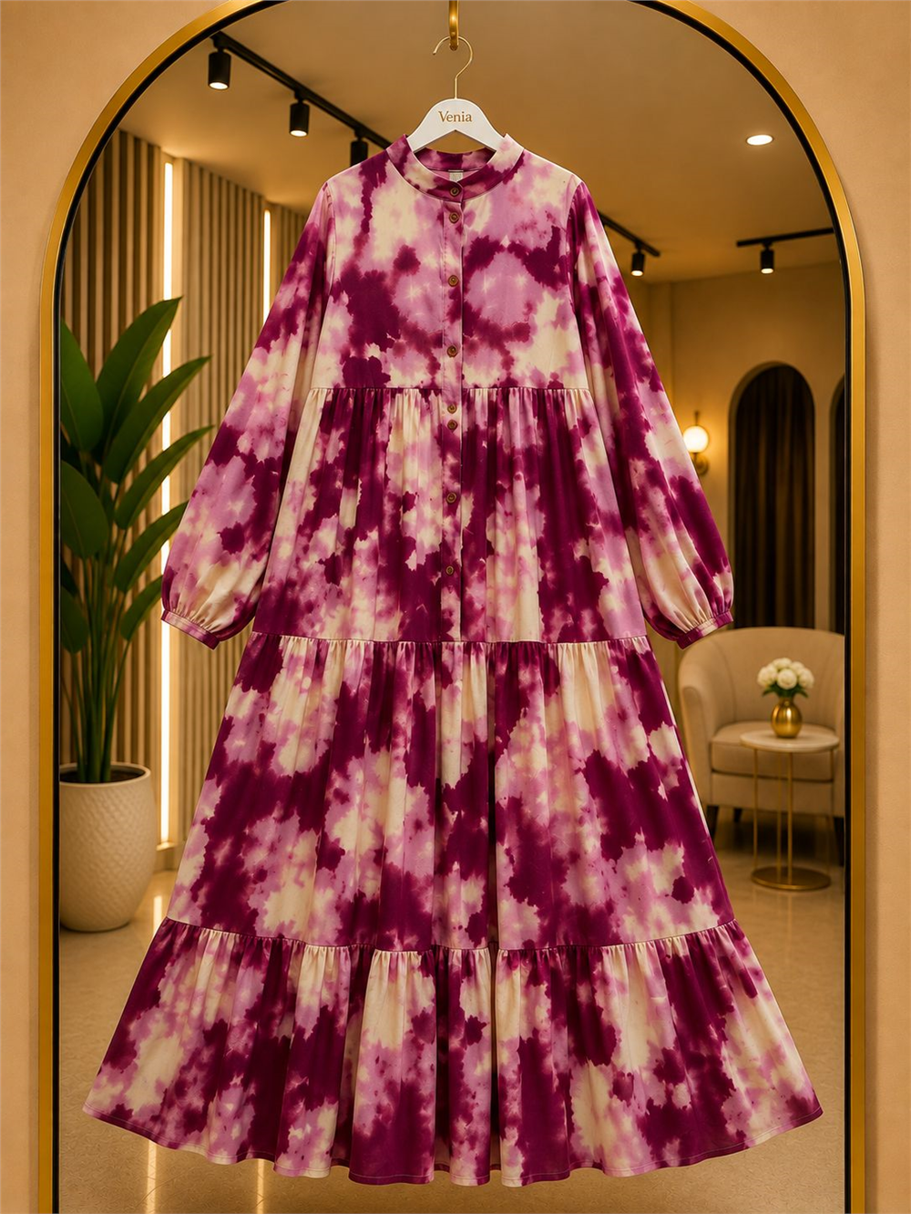 Modal Kumaş Batik Desenli Fırfırlı Elbise - Mürdüm 2001 - 1