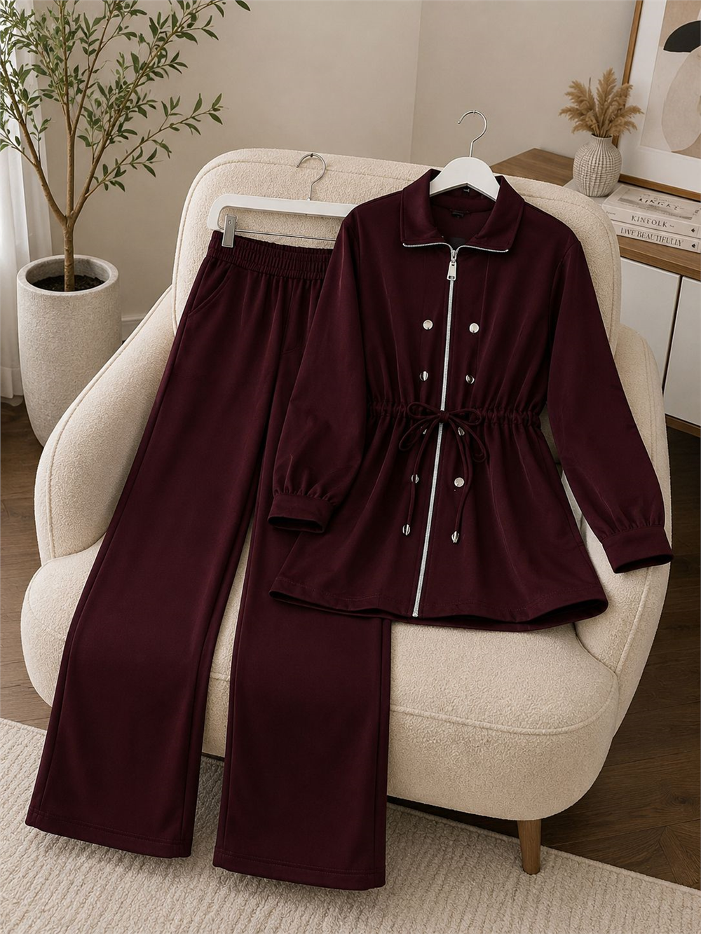 Modal Kumaş Fermuarlı Düğme Detaylı Takım - Bordo 268 - 1