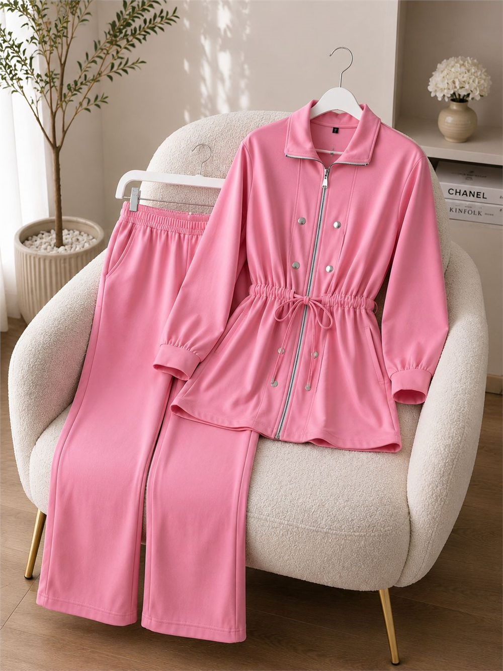 Modal Kumaş Fermuarlı Düğme Detaylı Takım - Pembe 268 - 1