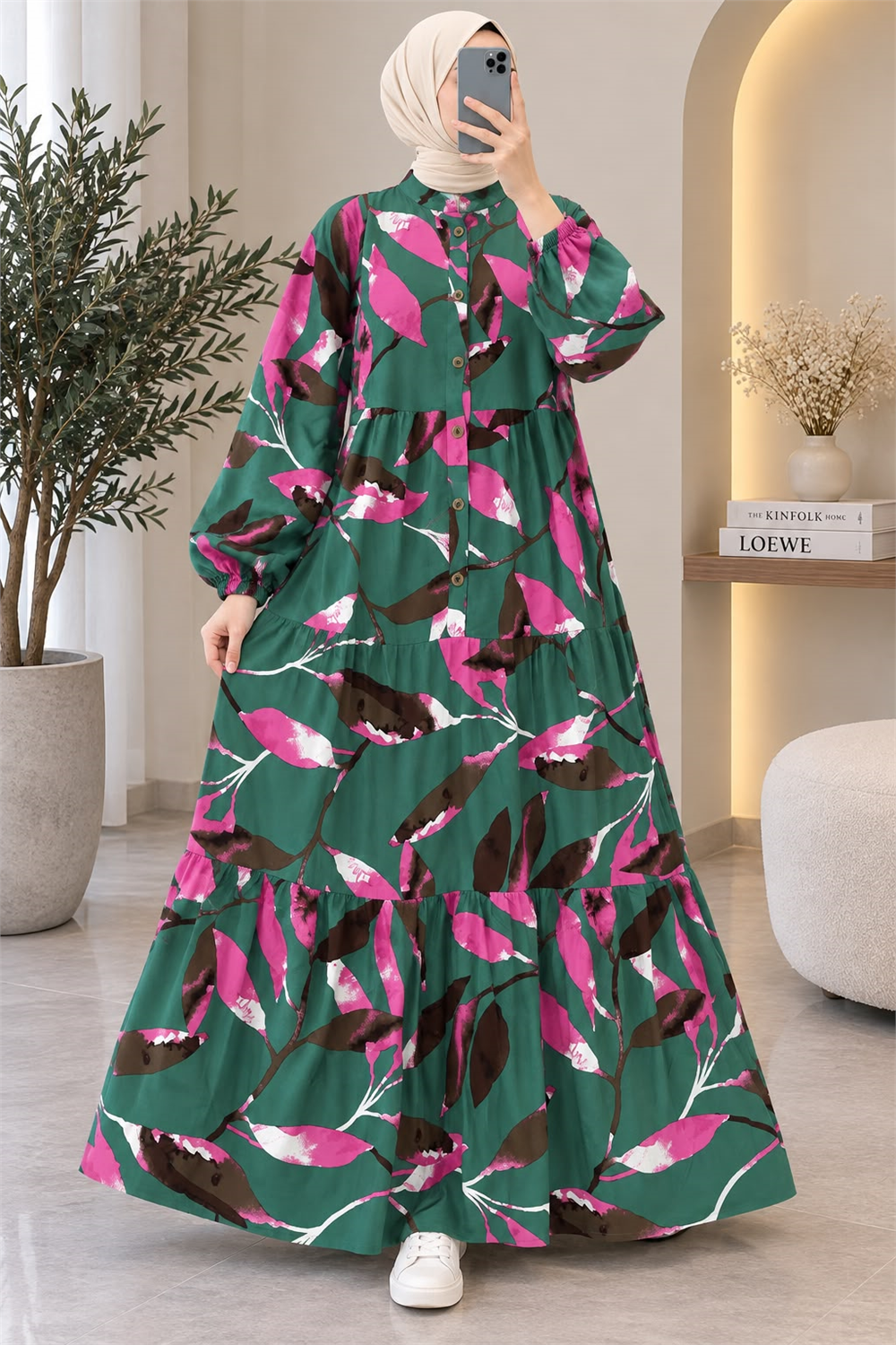Modal Kumaş Yaprak Desenli Fırfırlı Elbise - Yeşil Pembe Desenli 2093 - 1
