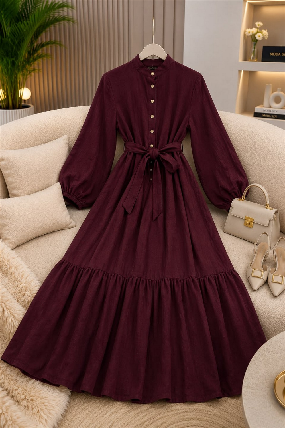Muslin Elbise-Bordo - 1