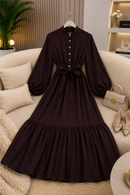 Muslin Elbise-Kahverengi