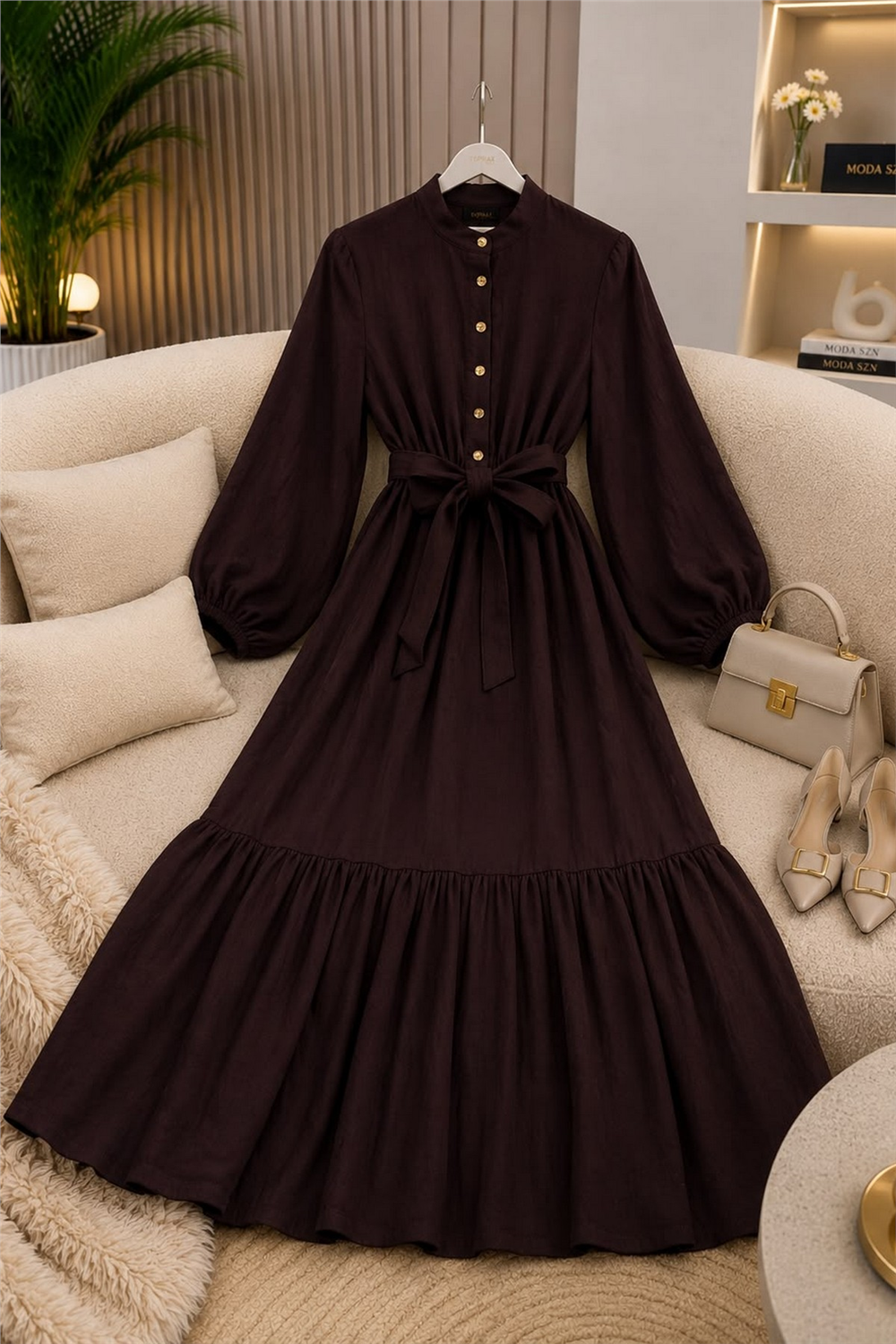 Muslin Elbise-Kahverengi - 1