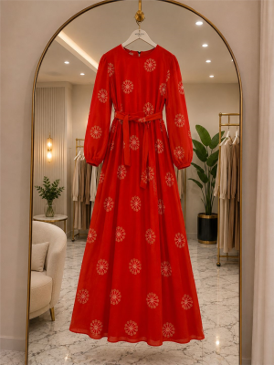 Muslin Kumaş Çiçek Desenli Kuşaklı Elbise - Camel 2067