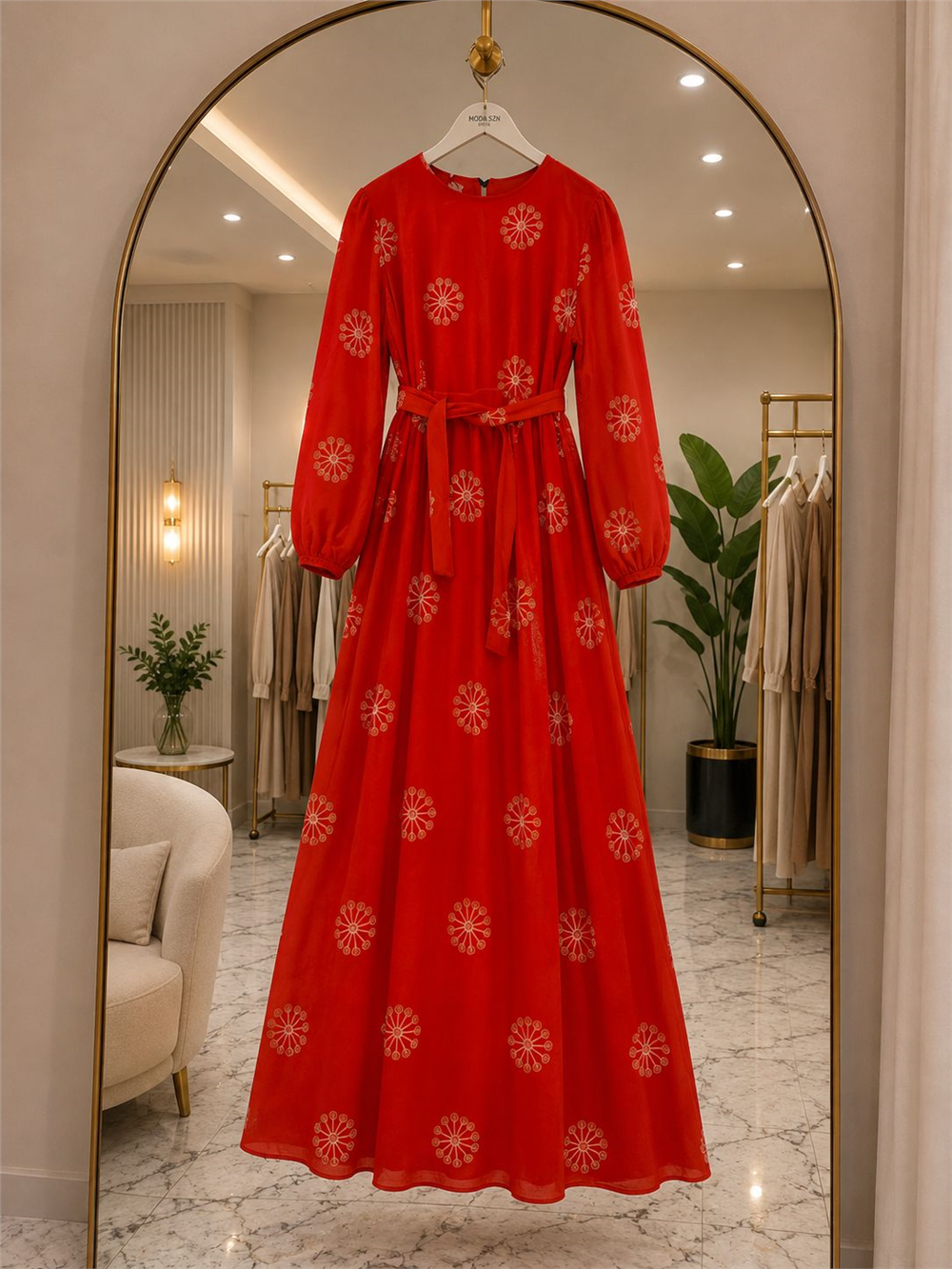 Muslin Kumaş Çiçek Desenli Kuşaklı Elbise - Camel 2067 - 1