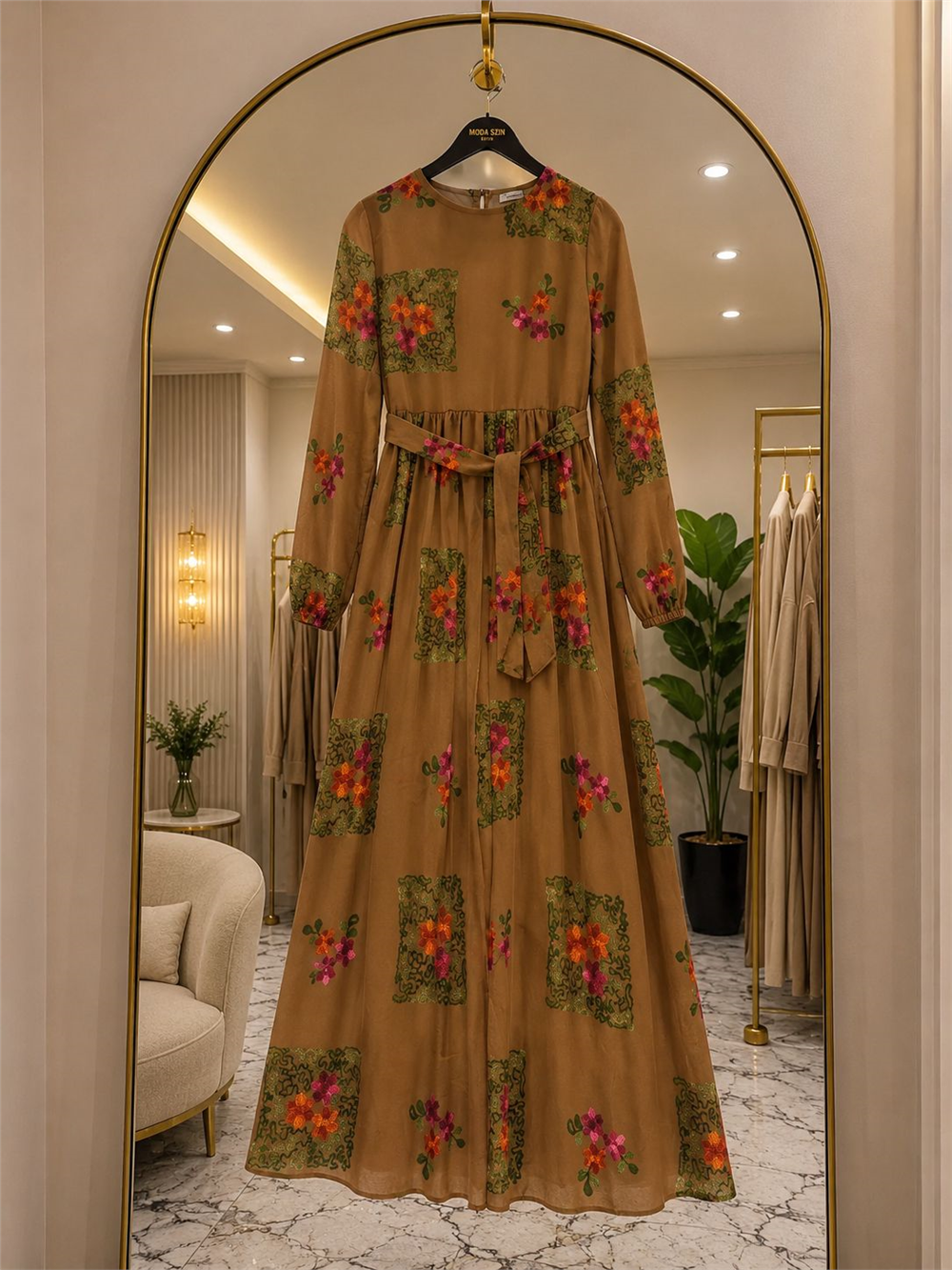 Muslin Kumaş Çiçek Desenli Kuşaklı Elbise - Mürdüm 2067 - 1
