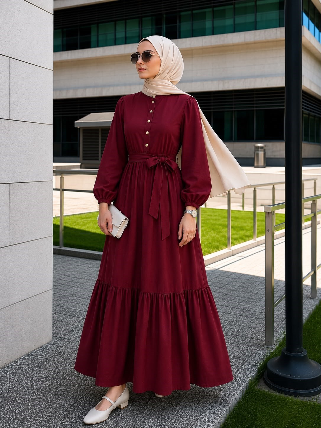 Muslin Kumaş Elbise-Bordo - 1