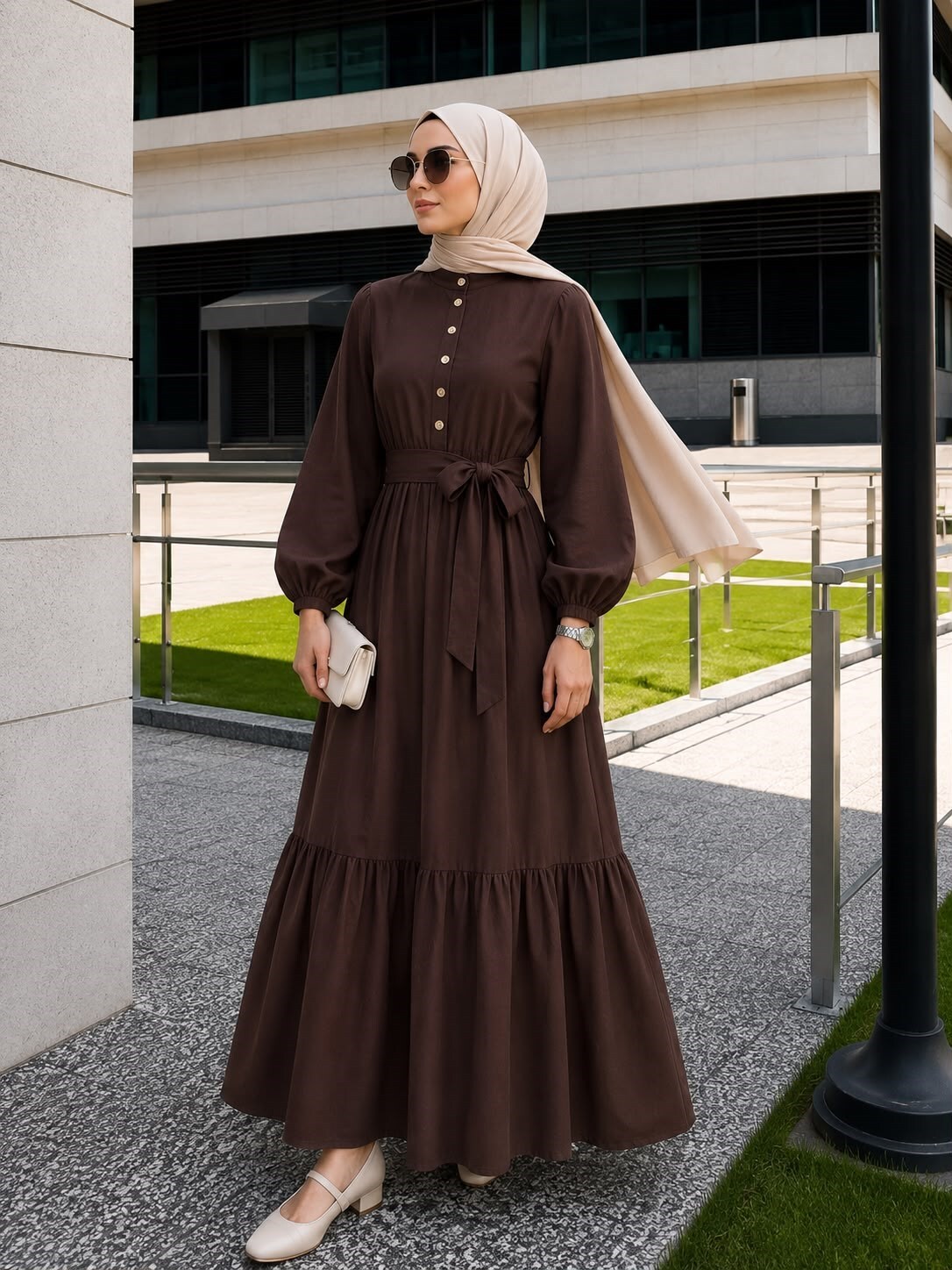 Muslin Kumaş Elbise-Kahverengi - 1