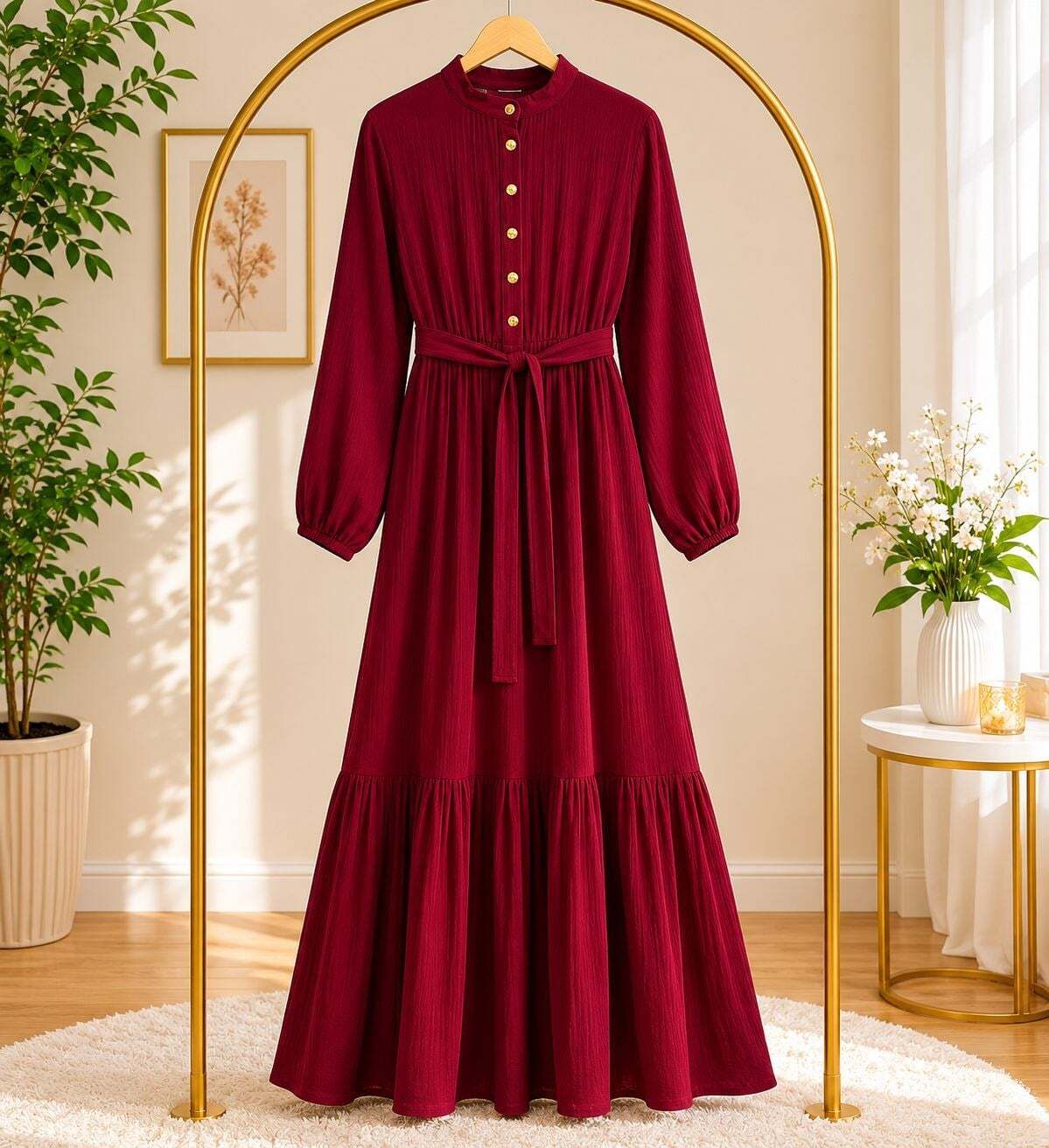 Muslin Kumaş Elbise-Kırmızı - 1