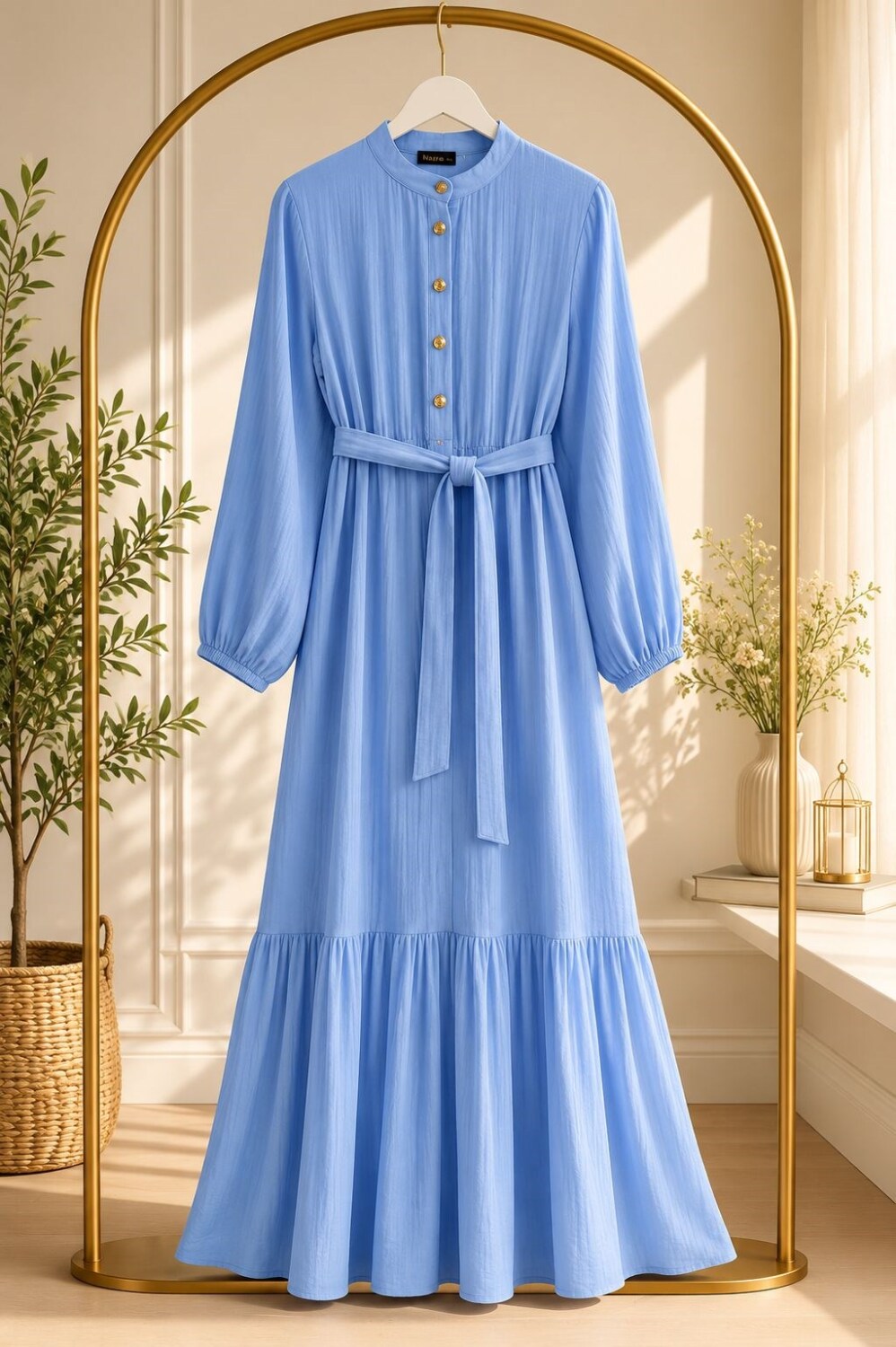 Muslin Kumaş Elbise-Mavi - 1