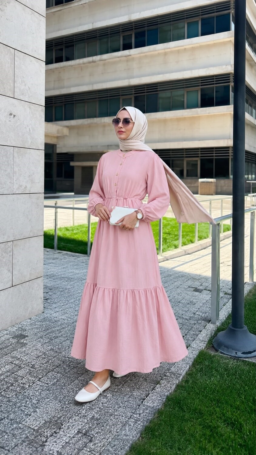 Muslin Kumaş Elbise-Pembe - 1