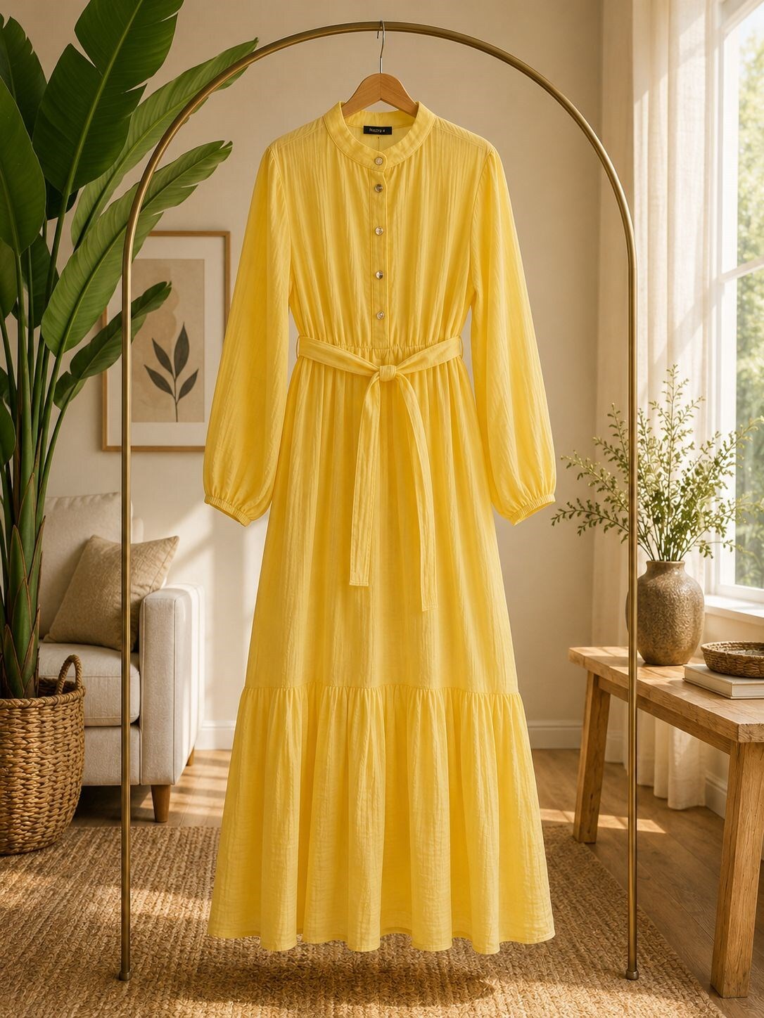 Muslin Kumaş Elbise-Sarı - 1