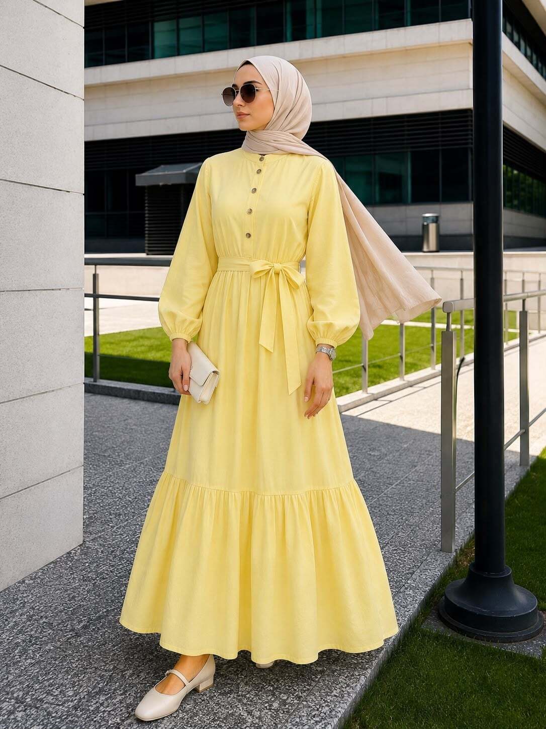 Muslin Kumaş Elbise-Sarı - 1