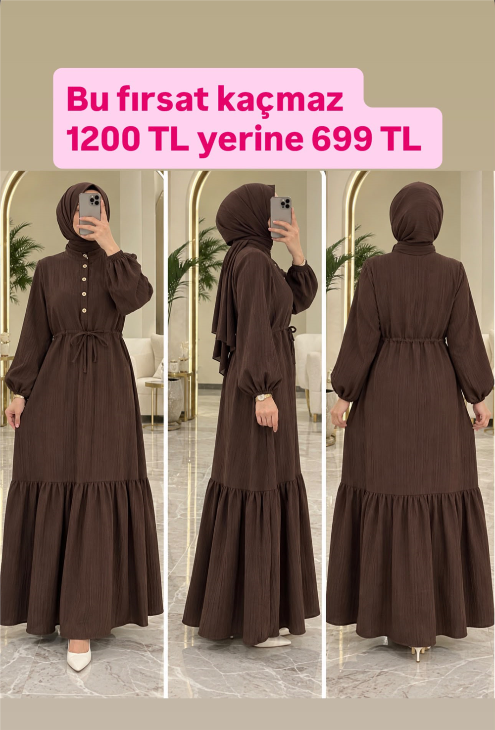 Nada Kumaş Düğmeli Fırfırlı Elbise - Kahverengi 2082 - 1