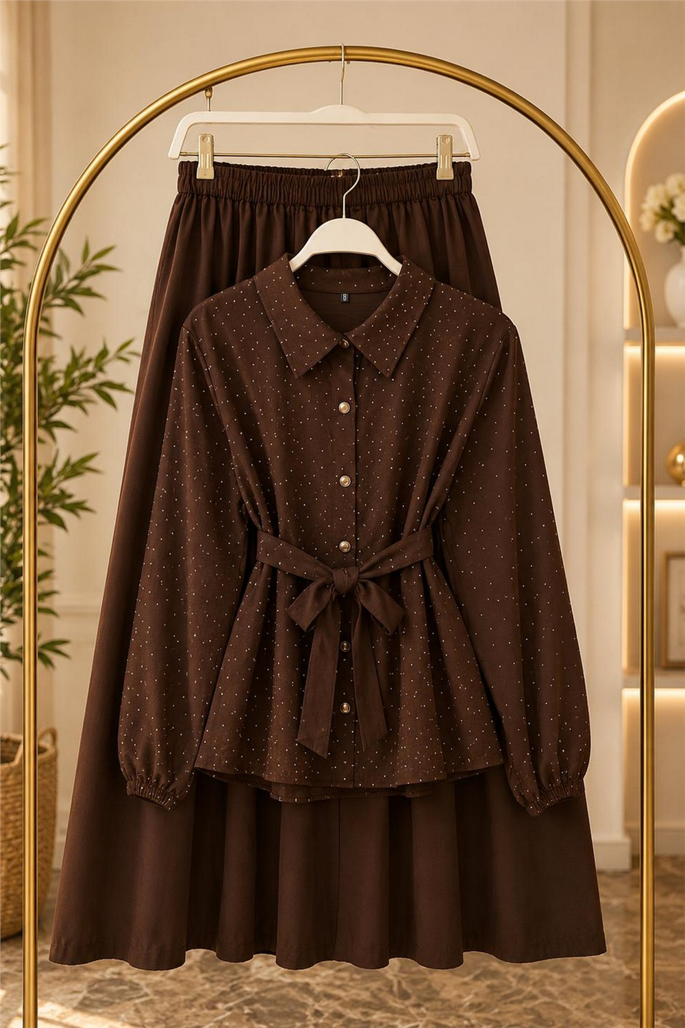 Ön Taşlı Takım Modal Kumaş-Kahverengi - 2