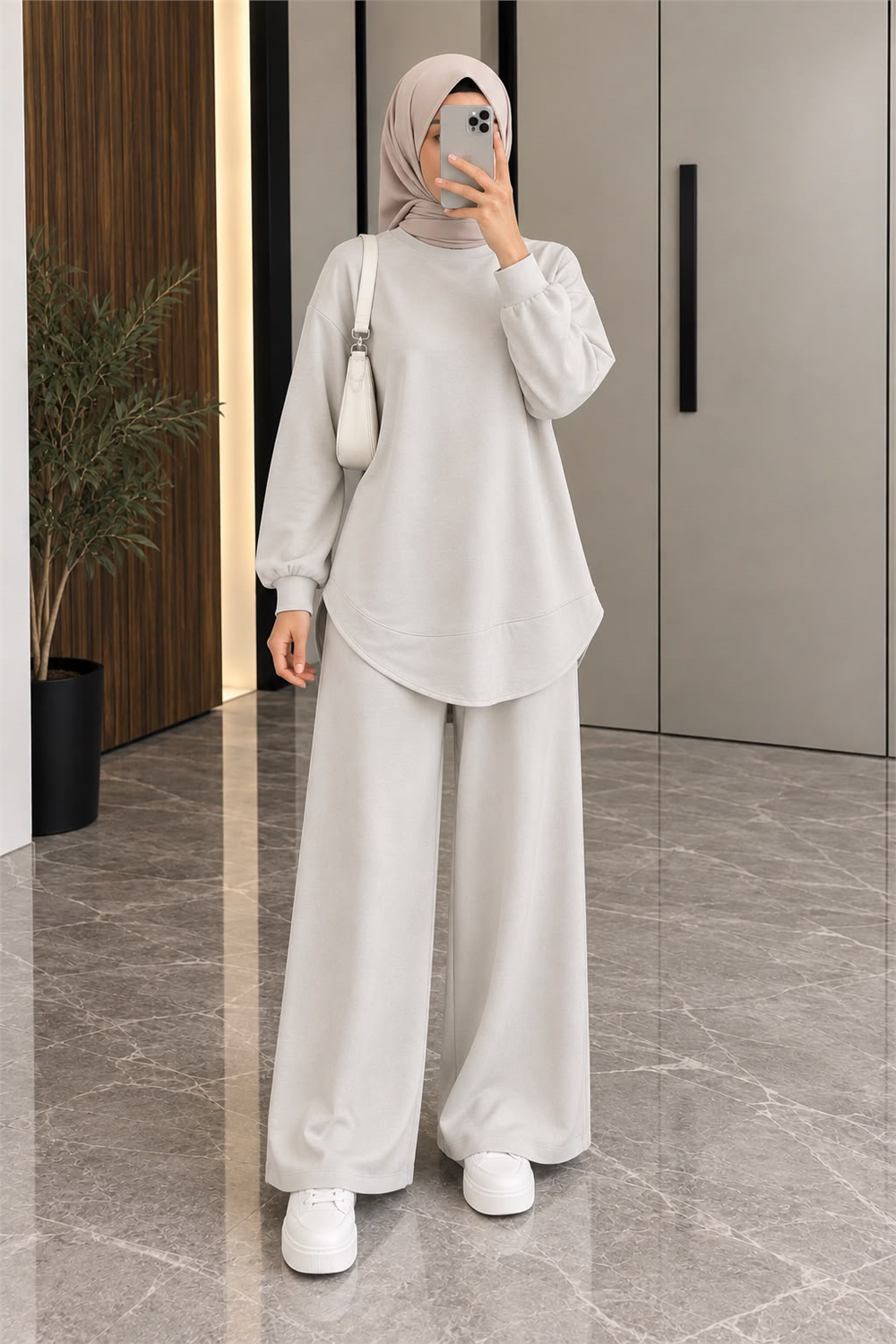 Osso Kumaş Balon Kol Tunik Pantolon Takım - Ekru 2097 - 1