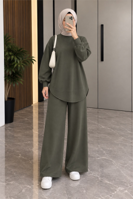 Osso Kumaş Balon Kol Tunik Pantolon Takım - Haki 2097