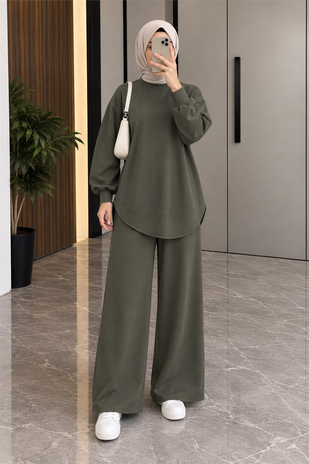 Osso Kumaş Balon Kol Tunik Pantolon Takım - Haki 2097 - 1