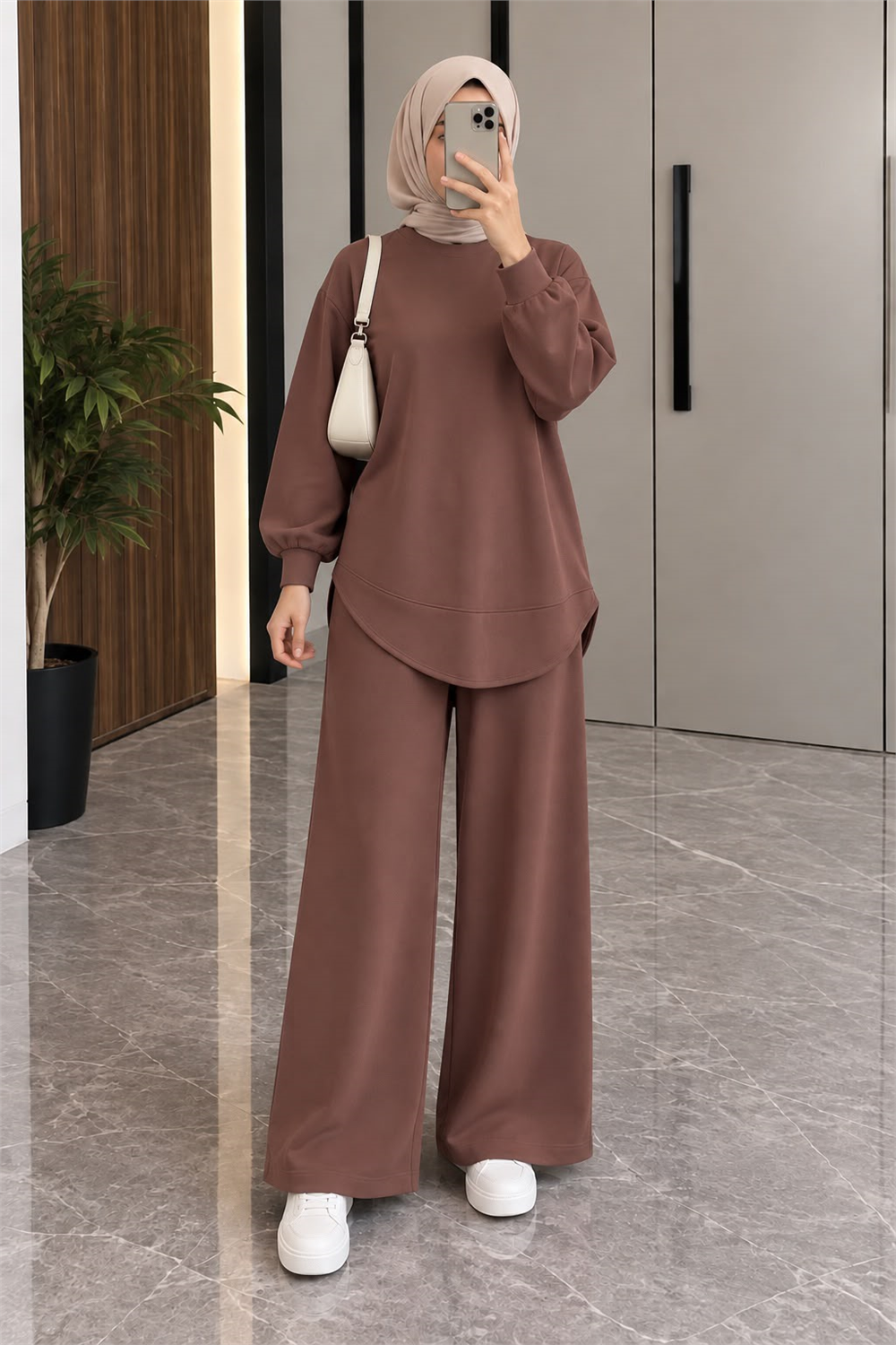 Osso Kumaş Balon Kol Tunik Pantolon Takım - Kahverengi 2097 - 1