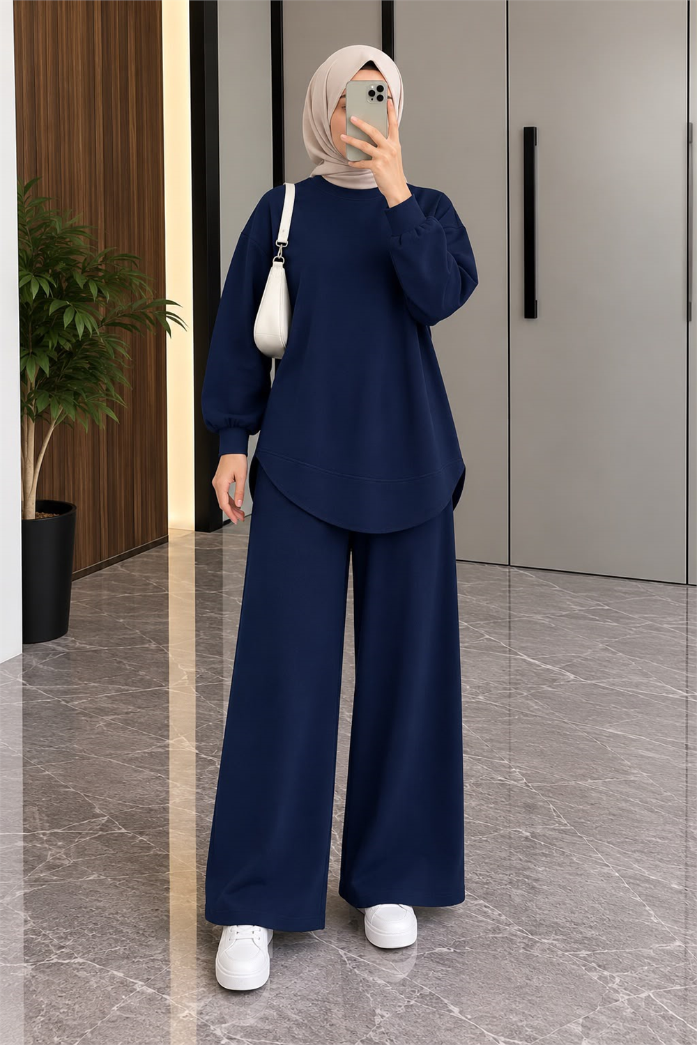 Osso Kumaş Balon Kol Tunik Pantolon Takım - Lacivert 2097 - 1