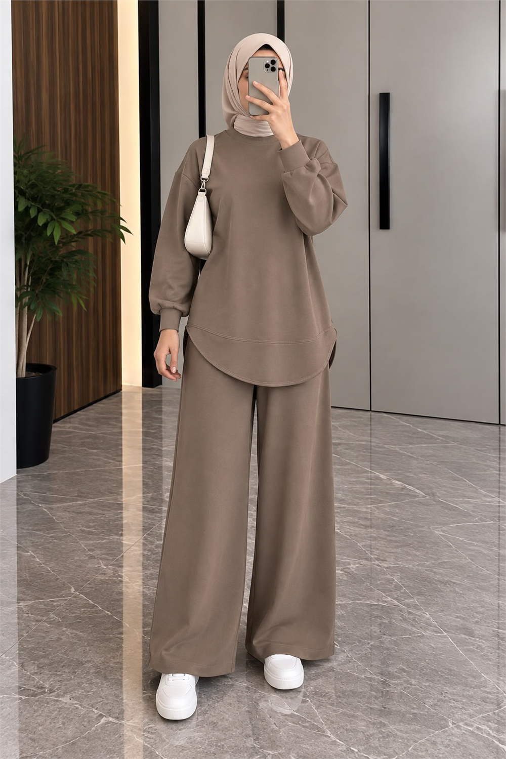 Osso Kumaş Balon Kol Tunik Pantolon Takım - Vizon 2097 - 1