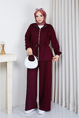 Osso Kumaş Fermuarlı Beli Büzgülü Ceket Pantolon Takım - Bordo 3405