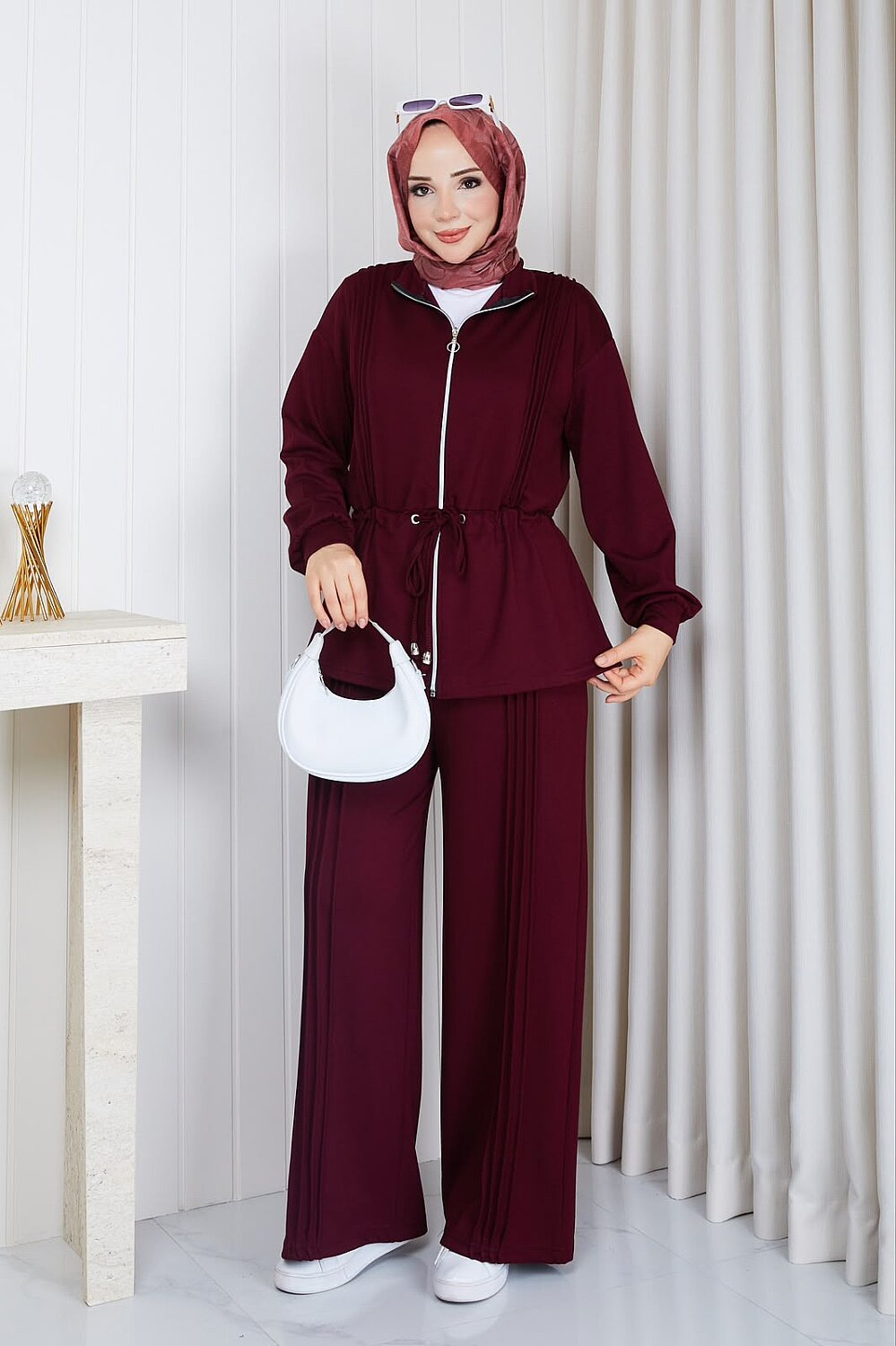 Osso Kumaş Fermuarlı Beli Büzgülü Ceket Pantolon Takım - Bordo 3405 - 1
