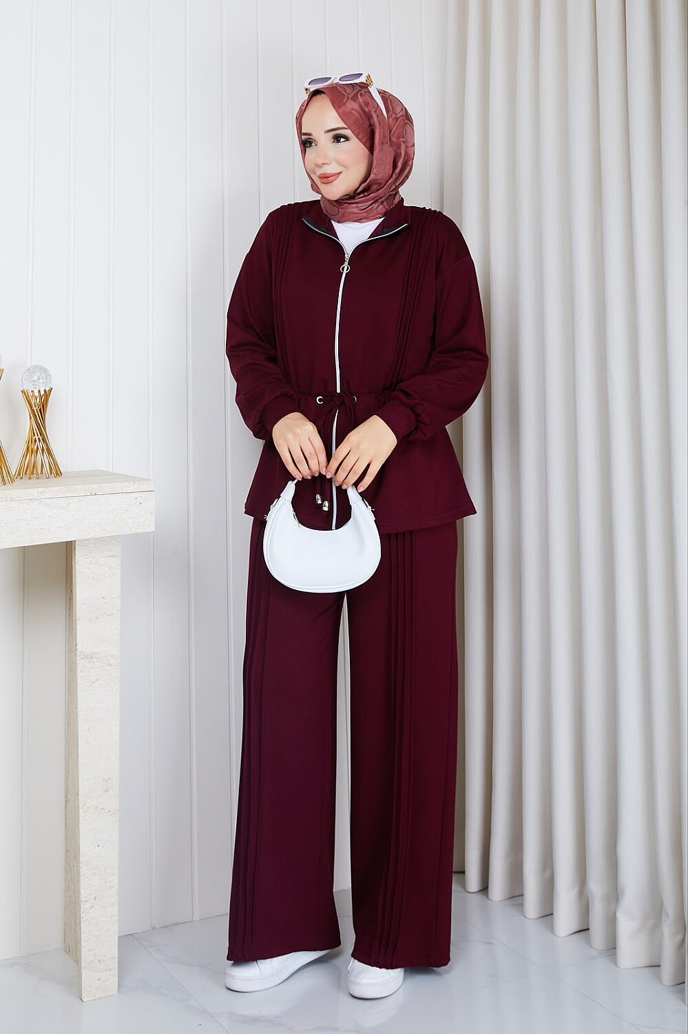 Osso Kumaş Fermuarlı Beli Büzgülü Ceket Pantolon Takım - Bordo 3405 - 2