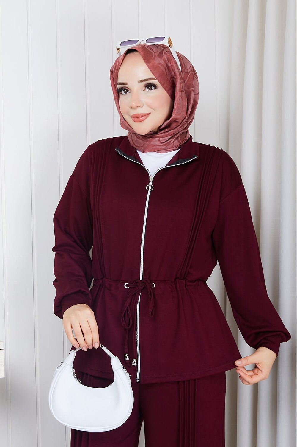 Osso Kumaş Fermuarlı Beli Büzgülü Ceket Pantolon Takım - Bordo 3405 - 3