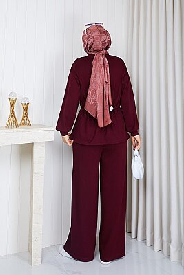Osso Kumaş Fermuarlı Beli Büzgülü Ceket Pantolon Takım - Bordo 3405 - 4