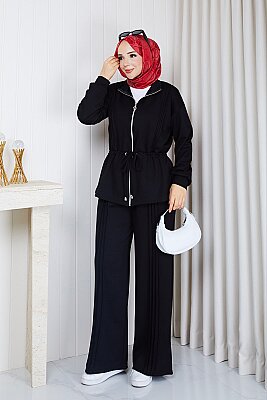 Osso Kumaş Fermuarlı Beli Büzgülü Ceket Pantolon Takım - Siyah 3405 (1)