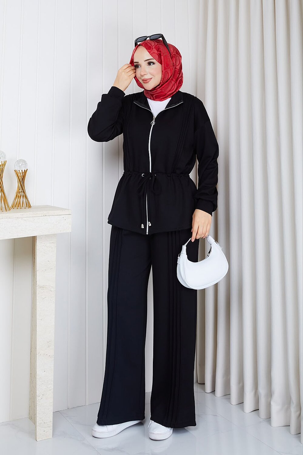 Osso Kumaş Fermuarlı Beli Büzgülü Ceket Pantolon Takım - Siyah 3405 - 2