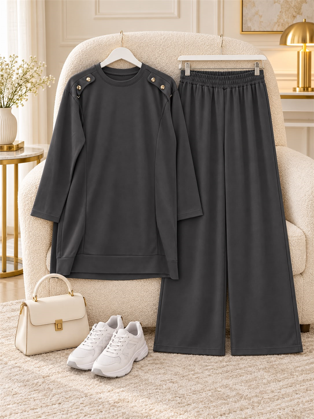 Osso Kumaş Omuzu Düğmeli Tunik Pantolon Takım - Füme 2097 - 1