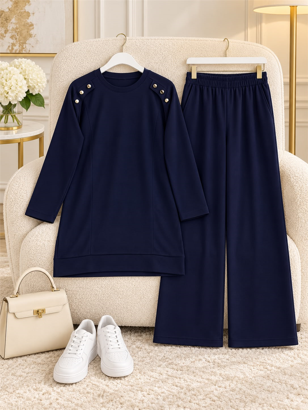 Osso Kumaş Omuzu Düğmeli Tunik Pantolon Takım - Lacivert 2097 - 1