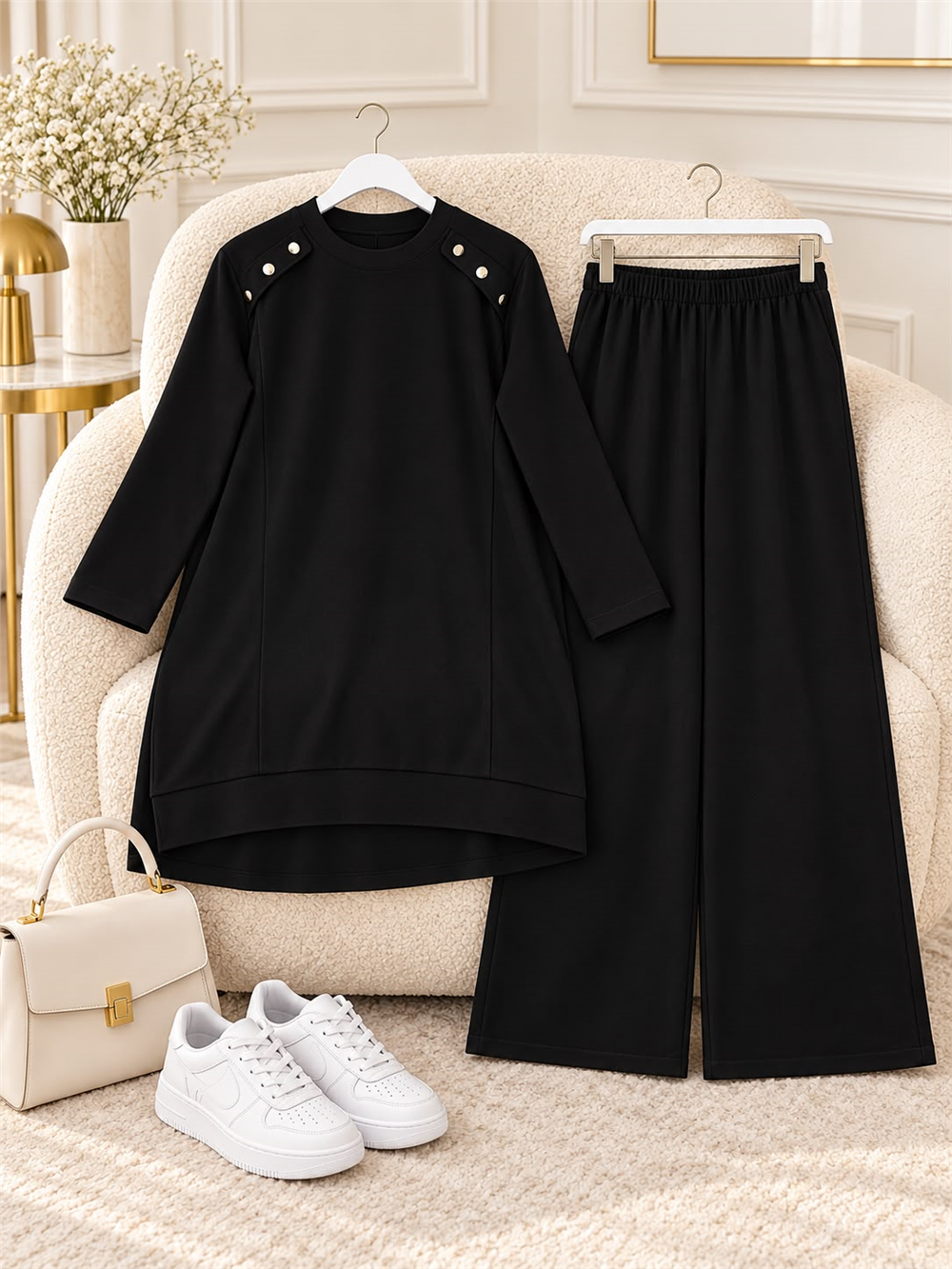 Osso Kumaş Omuzu Düğmeli Tunik Pantolon Takım - Siyah 2097 - 1