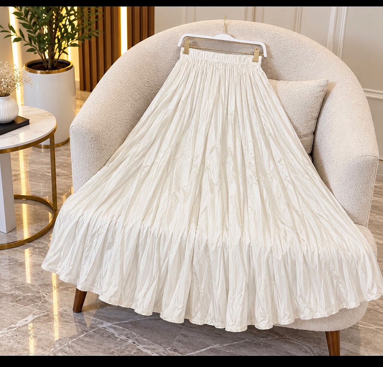 Saten Kumaş Kırışık Dokulu Fırfırlı Etek - Ekru 3102 - 1