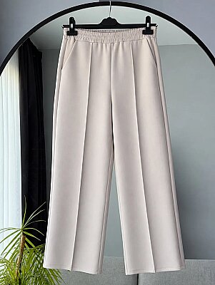 1013 Scuba Kumaş Beli Lastikli Cepli Bol Paça Pantolon - Bej