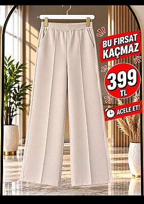 1013 Scuba Kumaş Beli Lastikli Cepli Bol Paça Pantolon - Bej (1)