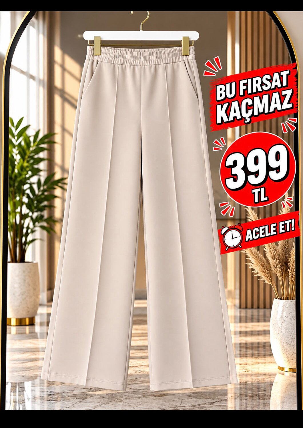 1013 Scuba Kumaş Beli Lastikli Cepli Bol Paça Pantolon - Bej - 2