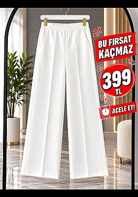 1013 Scuba Kumaş Beli Lastikli Cepli Bol Paça Pantolon - Beyaz (1)