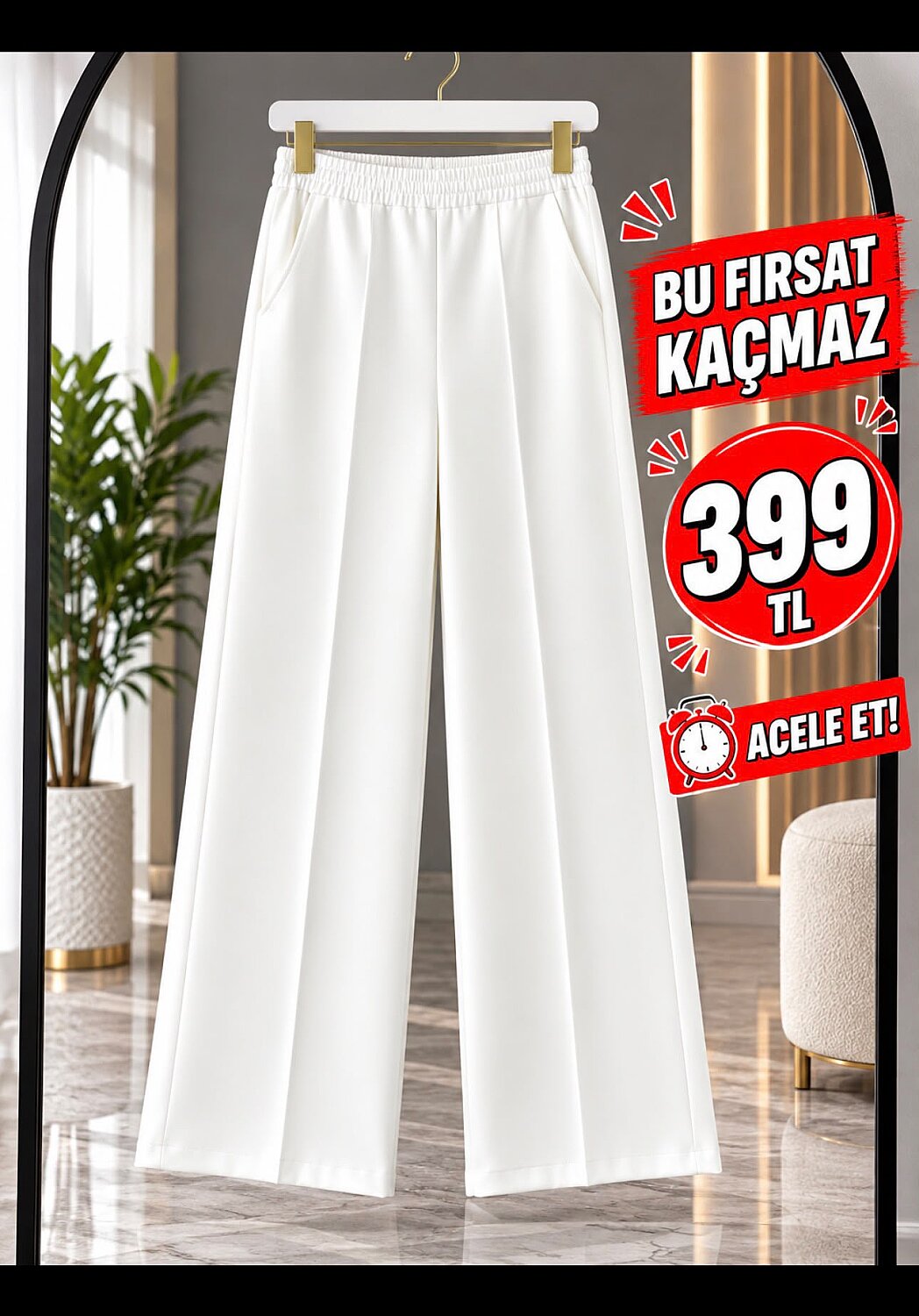 1013 Scuba Kumaş Beli Lastikli Cepli Bol Paça Pantolon - Beyaz - 2