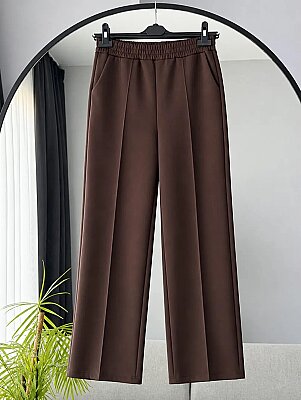 1013 Scuba Kumaş Beli Lastikli Cepli Bol Paça Pantolon - Kahverengi