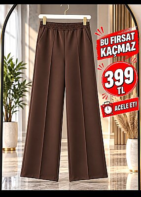 1013 Scuba Kumaş Beli Lastikli Cepli Bol Paça Pantolon - Kahverengi (1)