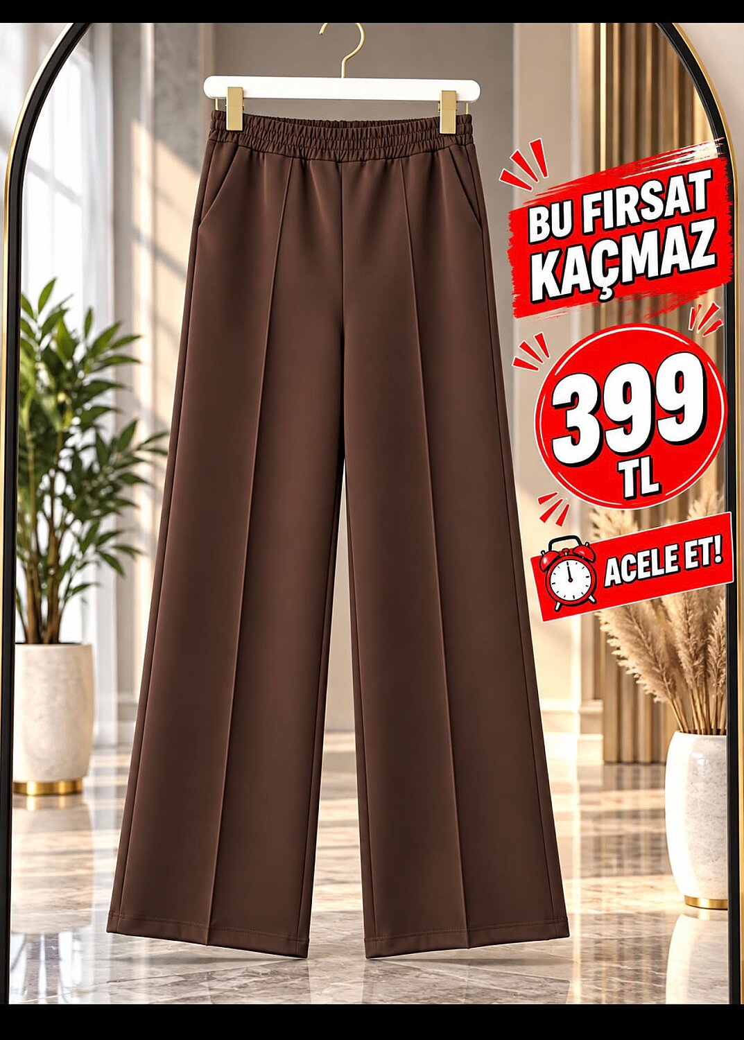 1013 Scuba Kumaş Beli Lastikli Cepli Bol Paça Pantolon - Kahverengi - 2