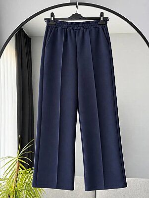 1013 Scuba Kumaş Beli Lastikli Cepli Bol Paça Pantolon - Lacivert