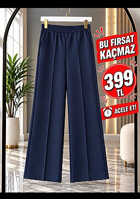 1013 Scuba Kumaş Beli Lastikli Cepli Bol Paça Pantolon - Lacivert (1)